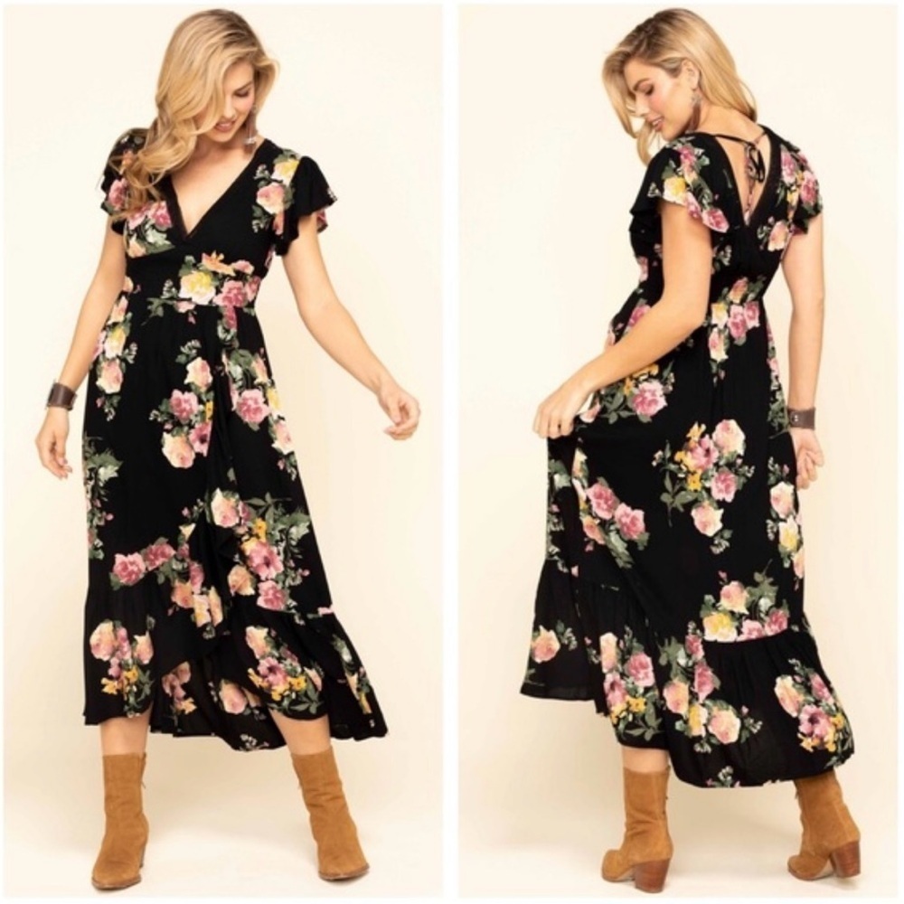 Band of Gypsies Floral Maxi Dress Women’s Size M Faux Wrap Ruffle Lace Crochet